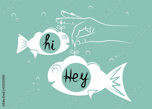 Hi icon. Speech bubbles in form of fish in human hand. Manipulator concept. Controlled dialogue, special techniques of mental influence during conversation. Manipulation hand. Vector