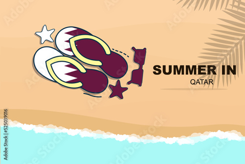 Qatar summer holiday vector banner, beach vacation, flip flops sunglasses starfish on sand, copy space area