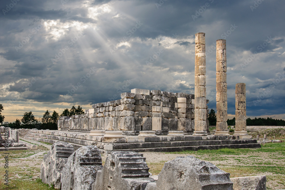 Ancient ruins of the ancient city of Letoon in Turkey in the rays of the sun