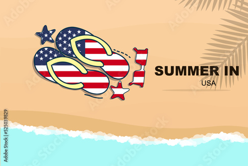 USA summer holiday vector banner, beach vacation, flip flops sunglasses starfish on sand, copy space area