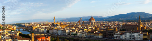 Beautiful panoramic view of the picturesque city of Florence and the Basilica di Santa Maria del Fiore  Basilica of Saint Mary of the Flower   Ponte Vecchio and Giotto s Campanile at sunrise  Florenc