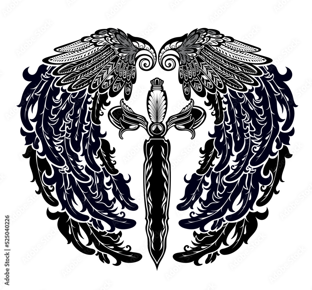 Sword with wings. Original illustration ofsword with eagle bird or angel wings