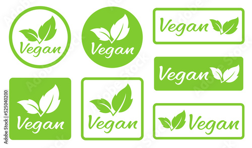 set of vegan signs with green leaves