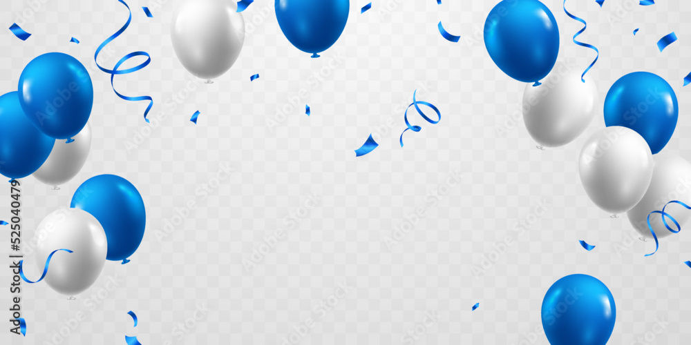 Fototapeta Celebrate with blue and white balloons with confetti for festive decorations vector illustration