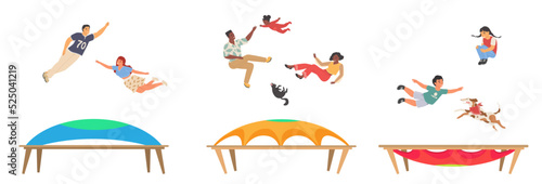Happy people jumping trampoline vector scene set