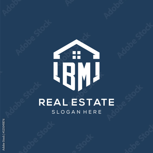 Letter BM logo for real estate with hexagon style photo