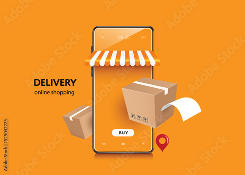 Brown parcel box with receipt paper flowing out. It was floating in front of smartphone shop and there was red pin next to it,vector 3d isolated on orange background for delivery and online shopping