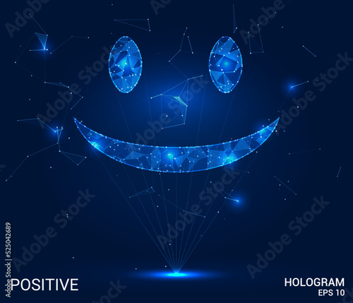 The hologram is positive. The positive consists of polygons, triangles of points and lines. Smile icon low poly compound structure. Technology concept vector.