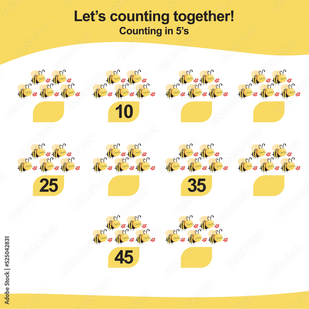 Counting game for children. Count multiples of five. Educational printable math worksheet. Vector illustration.