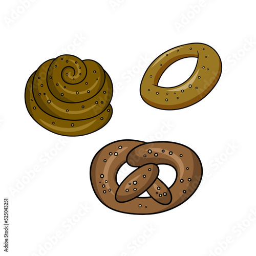 A set of delicious cakes, pretzels and bagels sprinkled with sesame and poppy seeds, vector cartoon