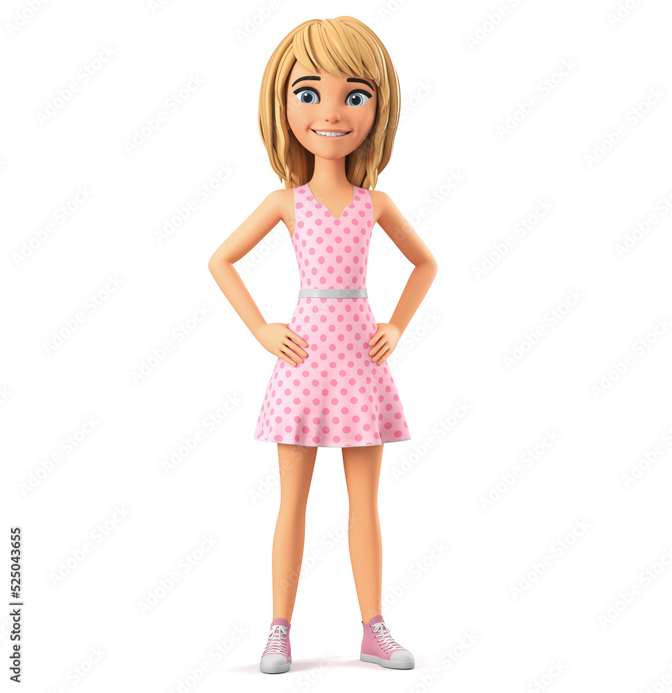 Girl cartoon character in pink dress isolated on white background. 3d rendering illustration. Girl cartoon character in pink dress isolated on white background. 3d rendering illustration.