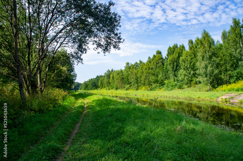 Green summer natural landscape with green grass, river and trees. Design background Green summer natural landscape with green grass, river and trees. Design background