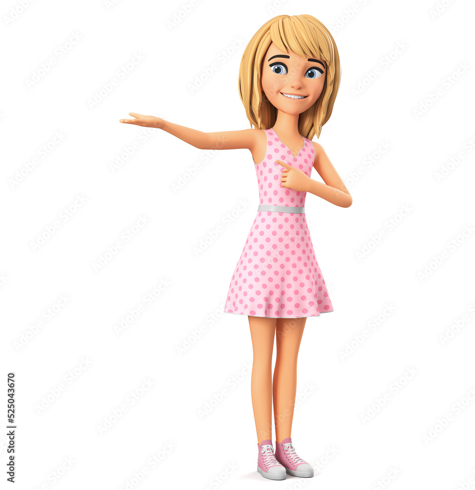 Girl cartoon character in a pink dress isolated on a white background points to an empty hand. 3d rendering illustration. Girl cartoon character in a pink dress isolated on a white background points to an empty hand. 3d rendering illustration.