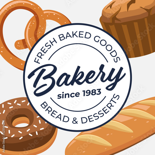 Bakery products poster with logotype cartoon vector illustration. Bakery goods on the background. Bread, donut, pretzel, muffin, Pastry food illustrations. Flour products.