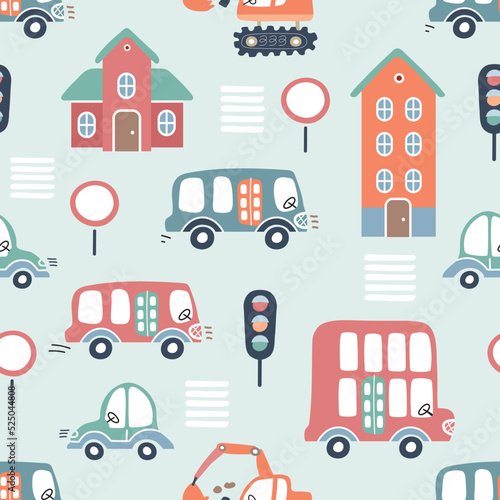Seamless pattern with buses and excavators. Cute cartoon cars. Children's background. © Tutsi_N