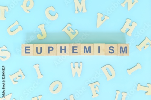 Euphemism figure of speech concept in English grammar class lesson. Wooden blocks typography flat lay in blue background.