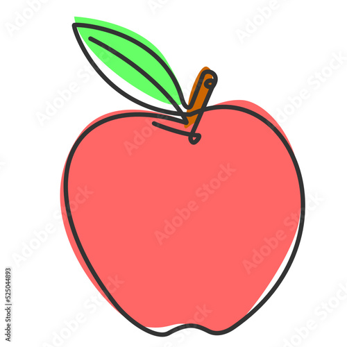 simple flat color continuous one line drawing of an apple fruit. Vector illustration for natureal and healty living design concept