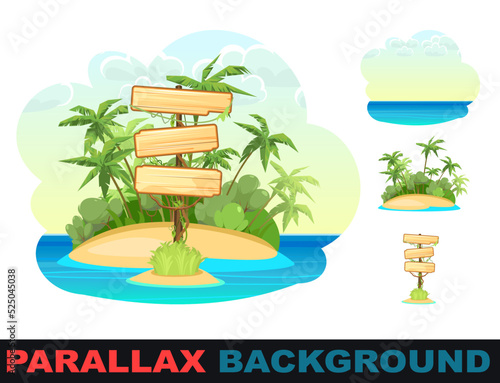 Wooden sign on Island in ocean. Set parallax effect. Three meanings. Cartoon style. Blue calm sea. Jungle palm trees. Flat design illustration. Isolated on white background. Vector