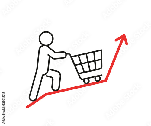 Inflation, high price and growth of food sales line icon. Person and shopping cart with foods on arrow up. Growth of market basket, rising commodity prices concept. Rising inflation, crisis. Vector