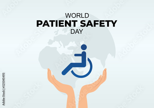 World patient safety day background with earth map on opened hand and patient safety symbol on september 17.