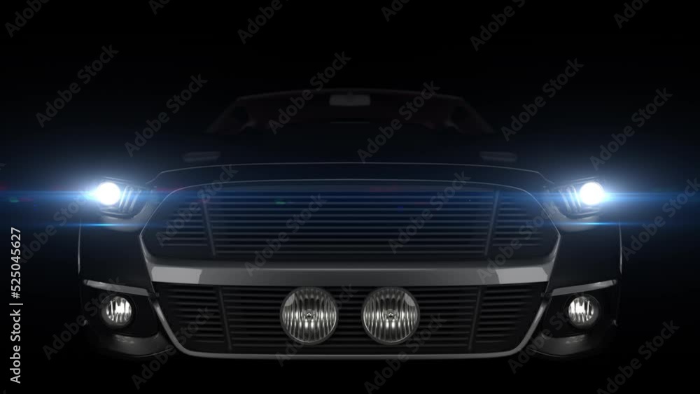 Auto studio. camera movement on the car from the front with dynamic lighting of the car close-up on a black background Auto studio. camera movement on the car from the front with dynamic lighting of the car close-up on a black background