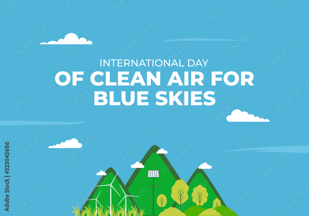 International day of clean air for blue skies with mountain hill on blue background.