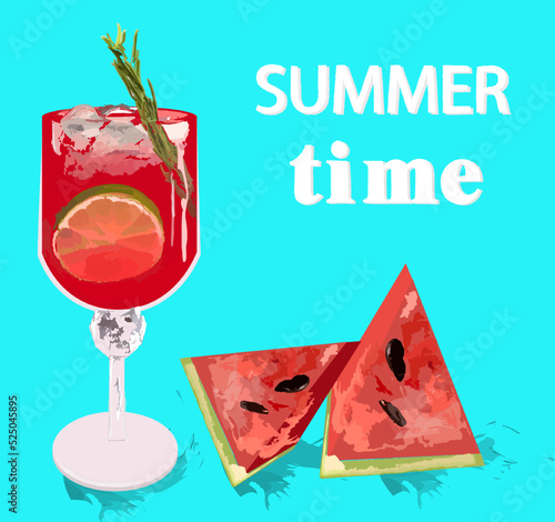 Watermelon drink cocktail vector. Summer tropic juicy beverage poster