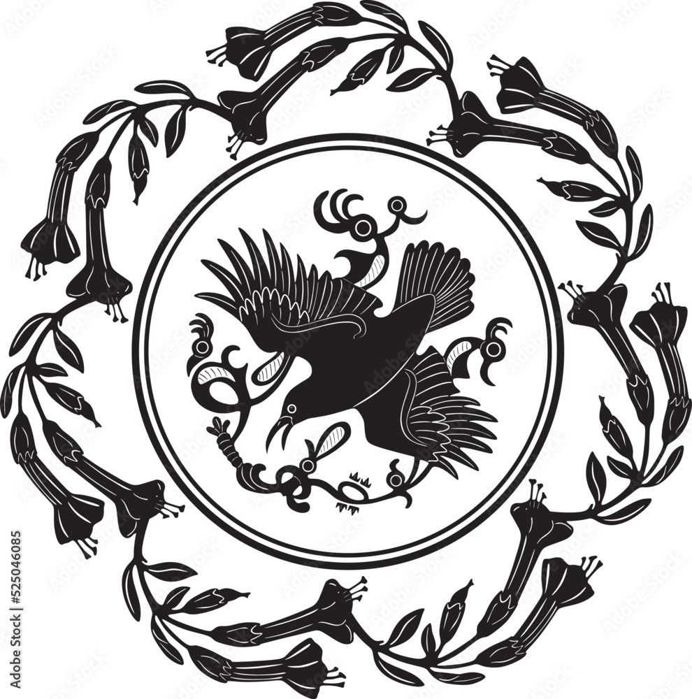 Fototapeta premium crow bird logo with floral frame