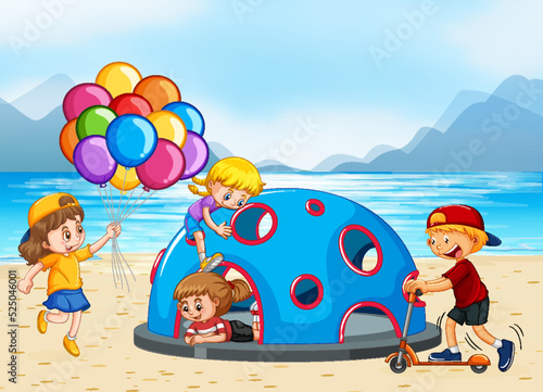 Beach playground with happy children