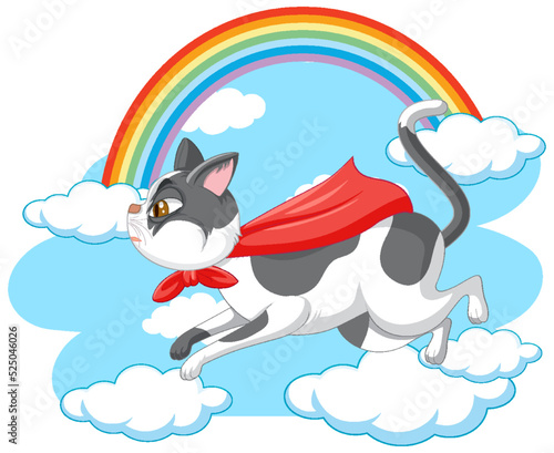 A hero cat flying on sky background