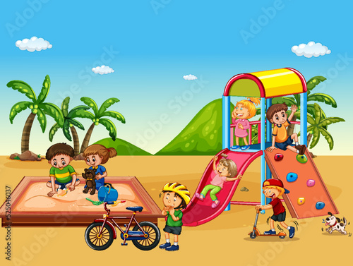 Beach playground with happy children