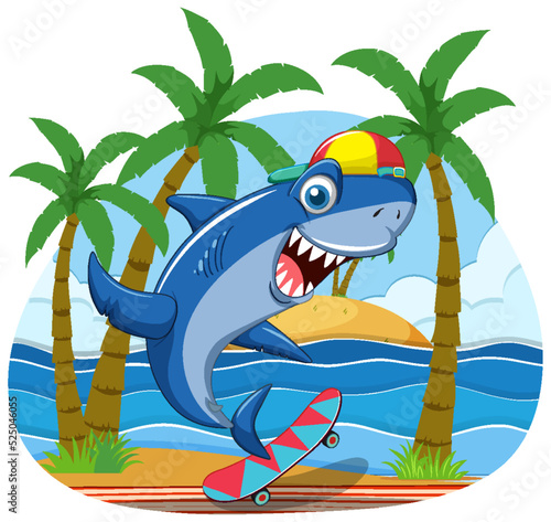Cute shark skateboarding on the beach