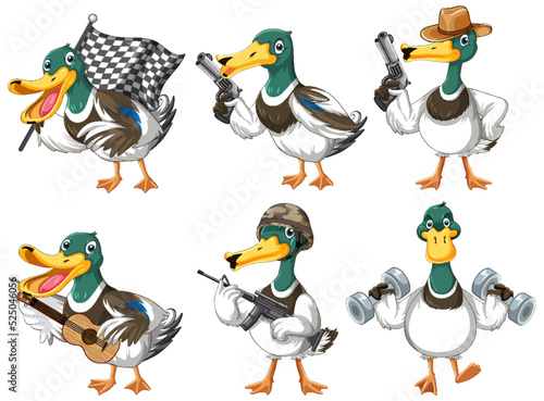 Set of duckling doing different activities