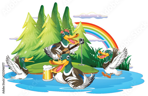 Happy duck group in nature scene