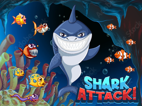 Shark attack icon with underwater sea animal