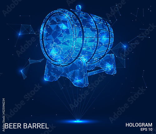 A hologram of a beer barrel. A barrel of beer made of polygons, triangles of dots and lines. The barrel icon is a low-poly compound structure. Technology concept vector.