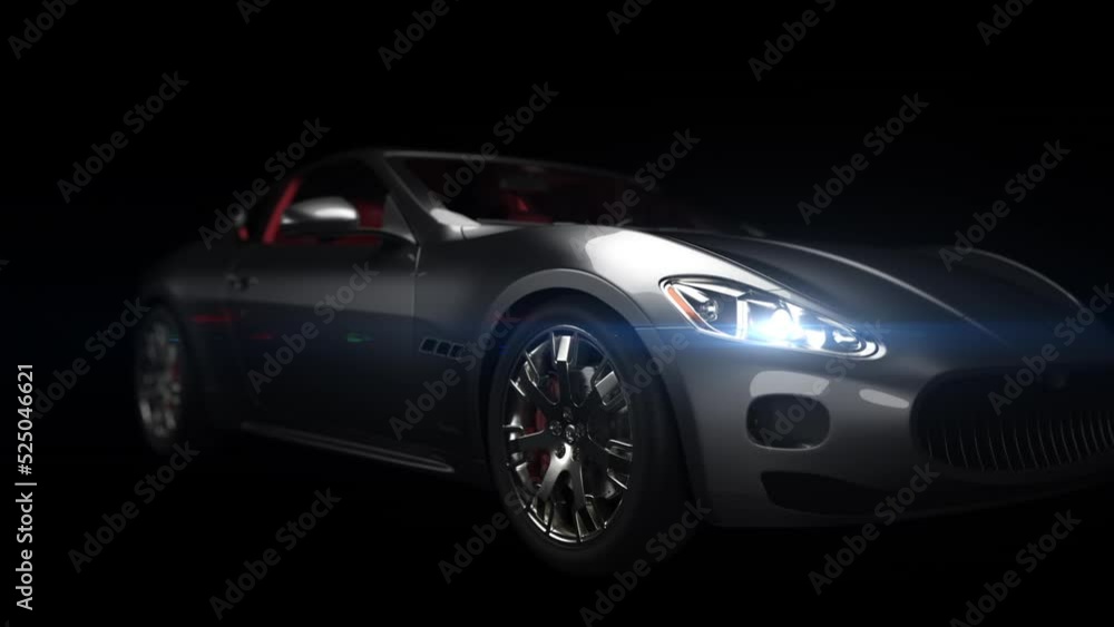 Auto in the studio. camera movement from right to left on the front view dynamic lighting with the effect of structural neon lines on a black background Auto in the studio. camera movement from right to left on the front view dynamic lighting with the effect of structural neon lines on a black background