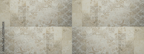 Old beige gray vintage shabby damask patchwork tiles stone concrete cement wa...