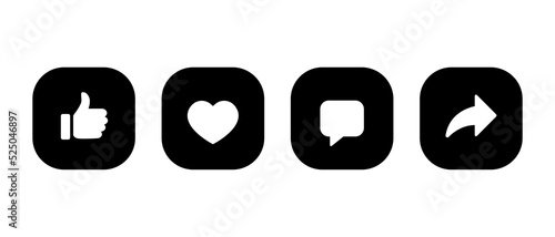 Like, love, comment, and share icon vector on square button. Social media elements