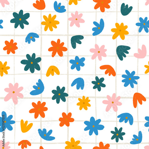 Colorful flowers on white checked background, pattern illustration