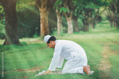 Religious muslim man traditional kandura praying outdoor at quiet nature environment sun beams.