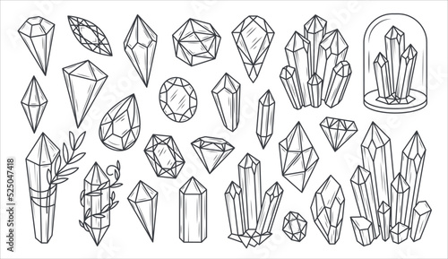 Set of beautiful crystals and gemstones. Linear art.