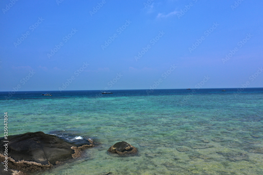 Tropical beach with stones and palm trees and a blue sea on Tioman Island in the South China Sea, belonging to Malaysia.