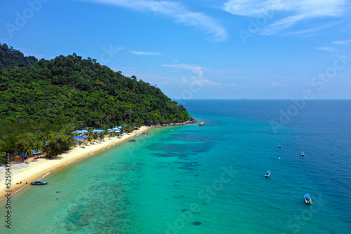 Fototapeta Naklejka Na Ścianę i Meble -  Tioman tropical island drone photo with beautiful blue sea and sky. South China sea. Southeast Asia