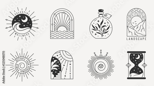 Boho logo set. Trendy design elements for magic, esoteric, psychology, alternative therapy, spiritual, celestial, travel, and others themes. Black emblems isolated on white background.