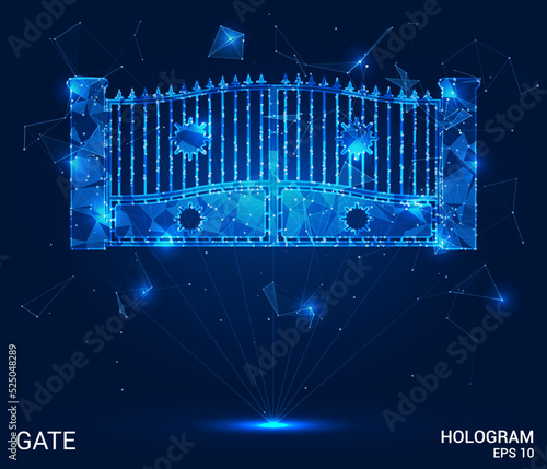 A hologram of the gate. Gates of polygons, triangles of points and lines. The gate icon is a low-poly connection structure. Technology concept vector.