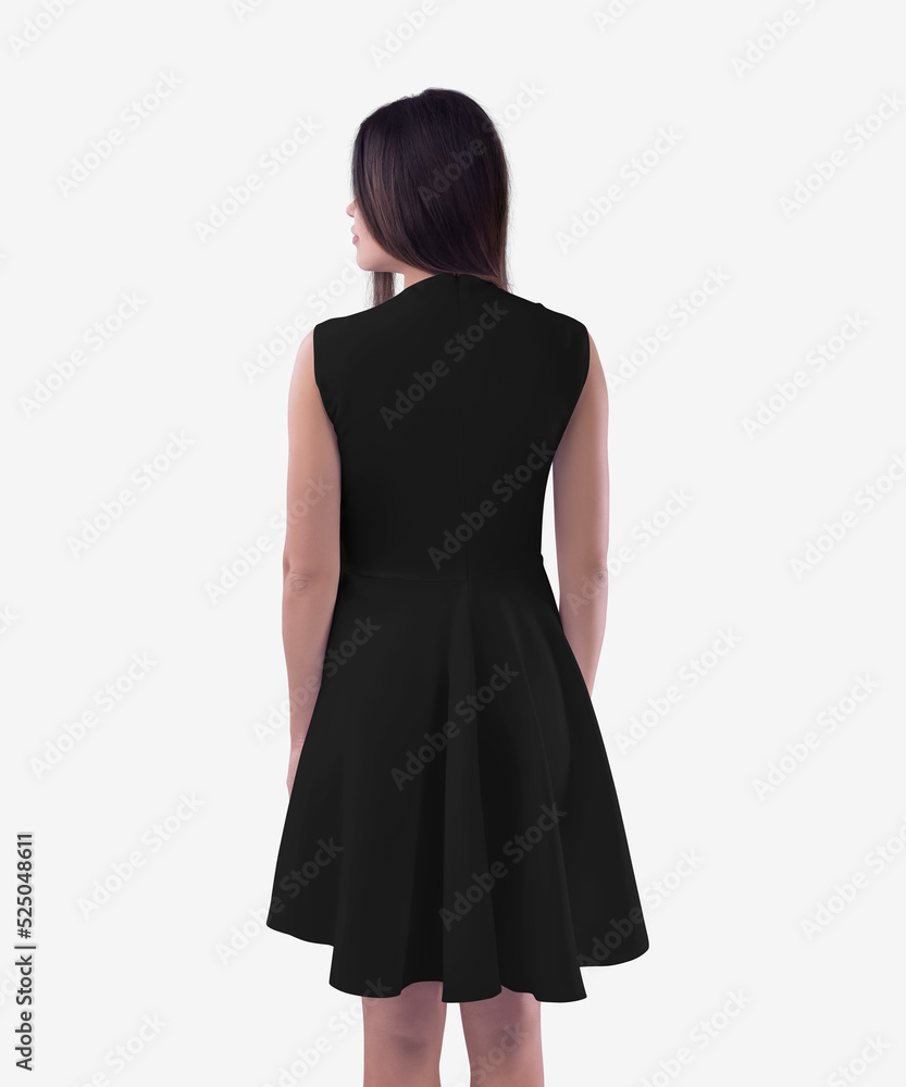 Template of a black dress with a high zipper on the back, a wave skirt on a girl, isolated on a background. Template of a black dress with a high zipper on the back, a wave skirt on a girl, isolated on a background.