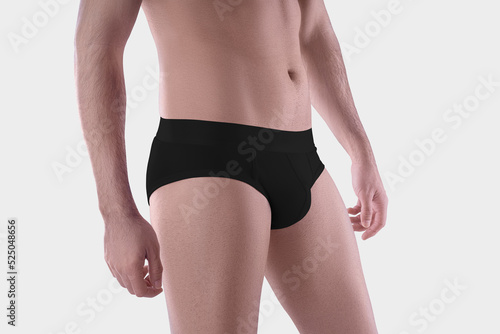 Mockup of black underpants on shaved guy body, male brief swimming trunks, panties front, side view, for design, print, pattern.