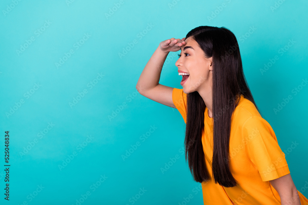 Profile photo of funky brunette long hairdo lady look promo wear orange t-shirt isolated on teal color background Profile photo of funky brunette long hairdo lady look promo wear orange t-shirt isolated on teal color background
