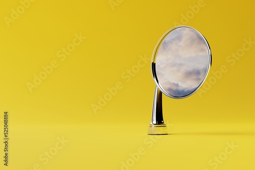 Retro car mirror on yellow background reflecting clouds. Concept of abstraction, dreams. 3d render.